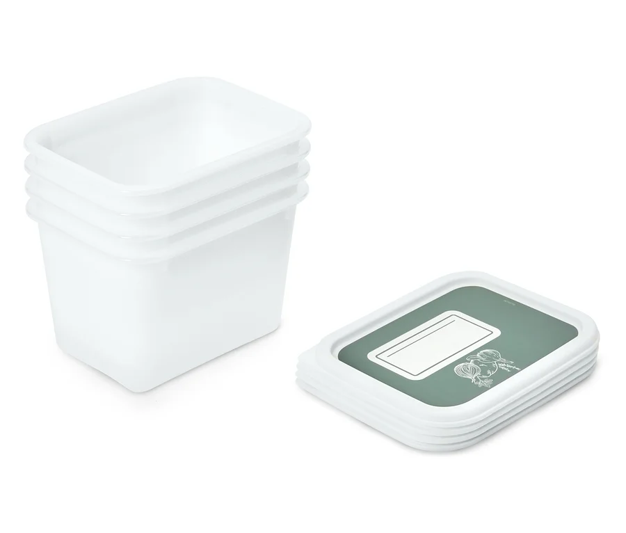 Stapel aus vier weißen, rechteckigen Vorratsbehältern neben einem Stapel aus grünen Deckeln.