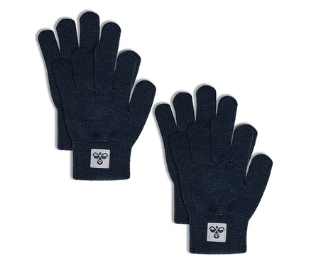 Zwei Paar blaue hummel® HMLJR Strickhandschuhe mit Logo-Patch auf den Bündchen.