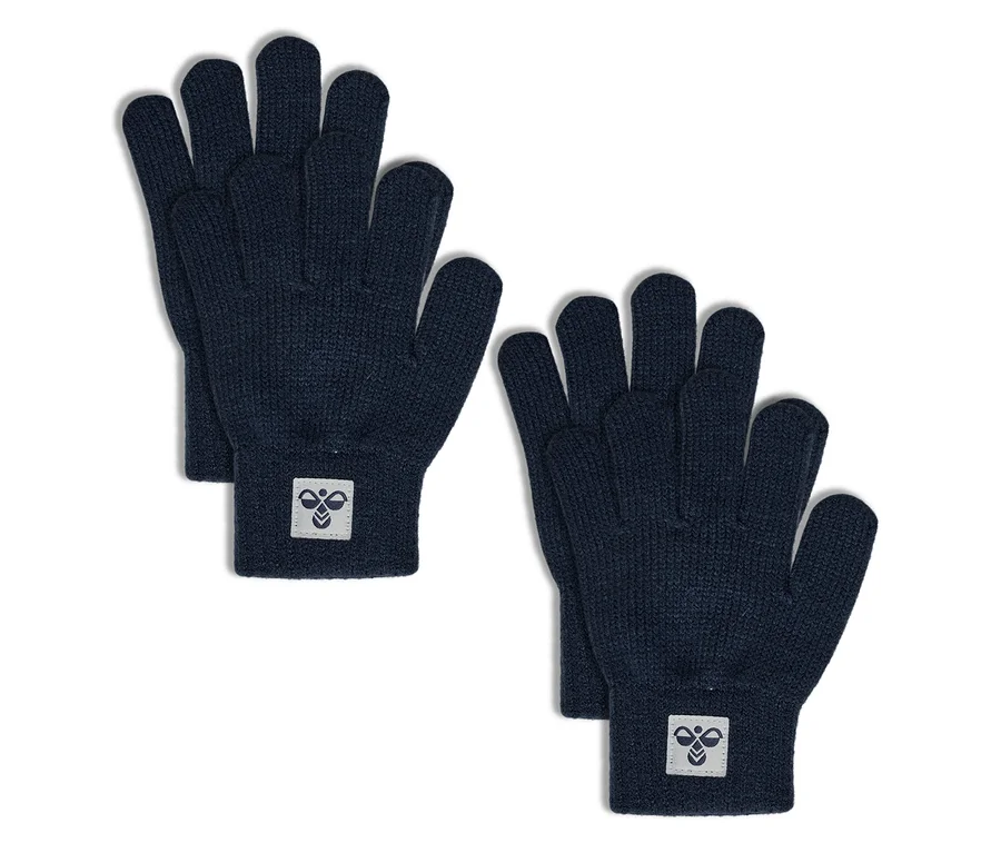 Zwei Paar blaue hummel® HMLJR Strickhandschuhe mit Logo-Patch auf den Bündchen.