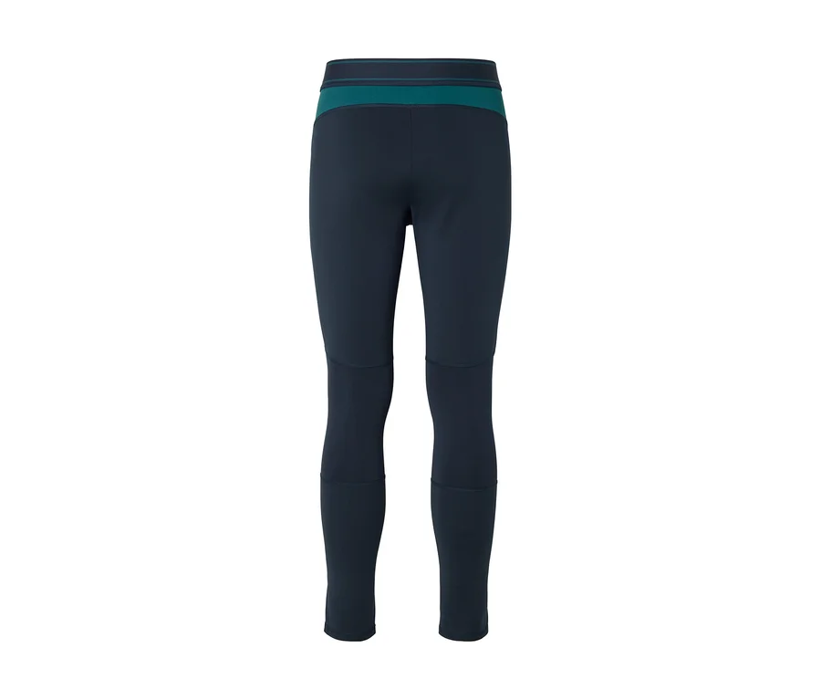 Dunkelblaue Leggings mit einem türkisen Bund und Knieeinsätzen, von hinten gesehen.