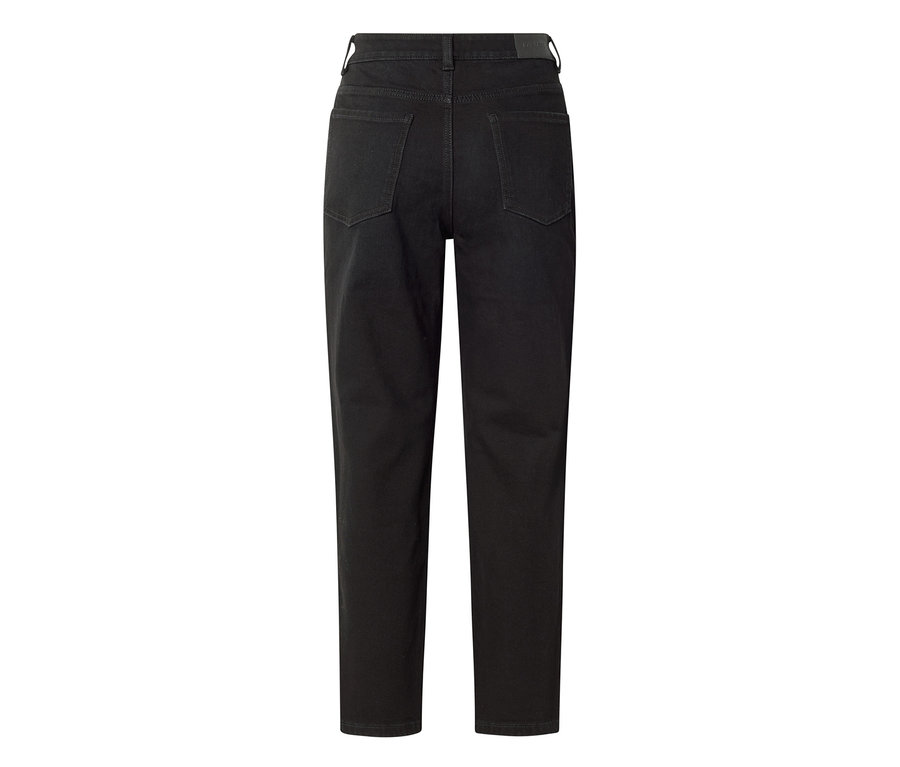 Schwarze Jeans mit geradem Bein, von hinten gesehen, mit zwei aufgesetzten Gesäßtaschen und hohem Bund.