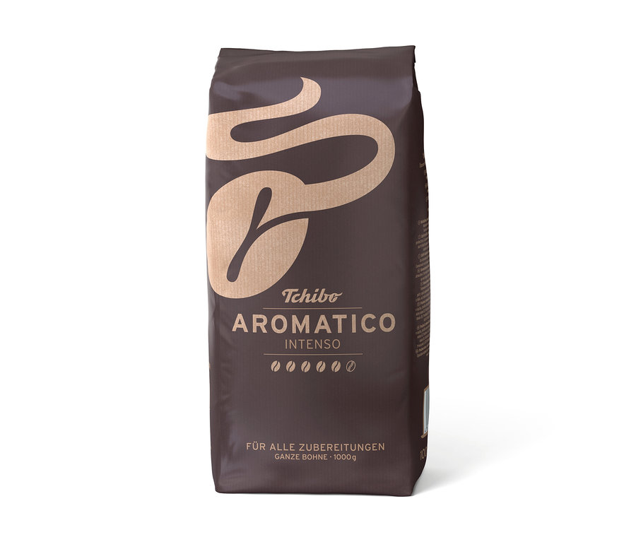 Eine Packung Aromatico Intenso - 1 kg Ganze Bohne Kaffee steht aufrecht.