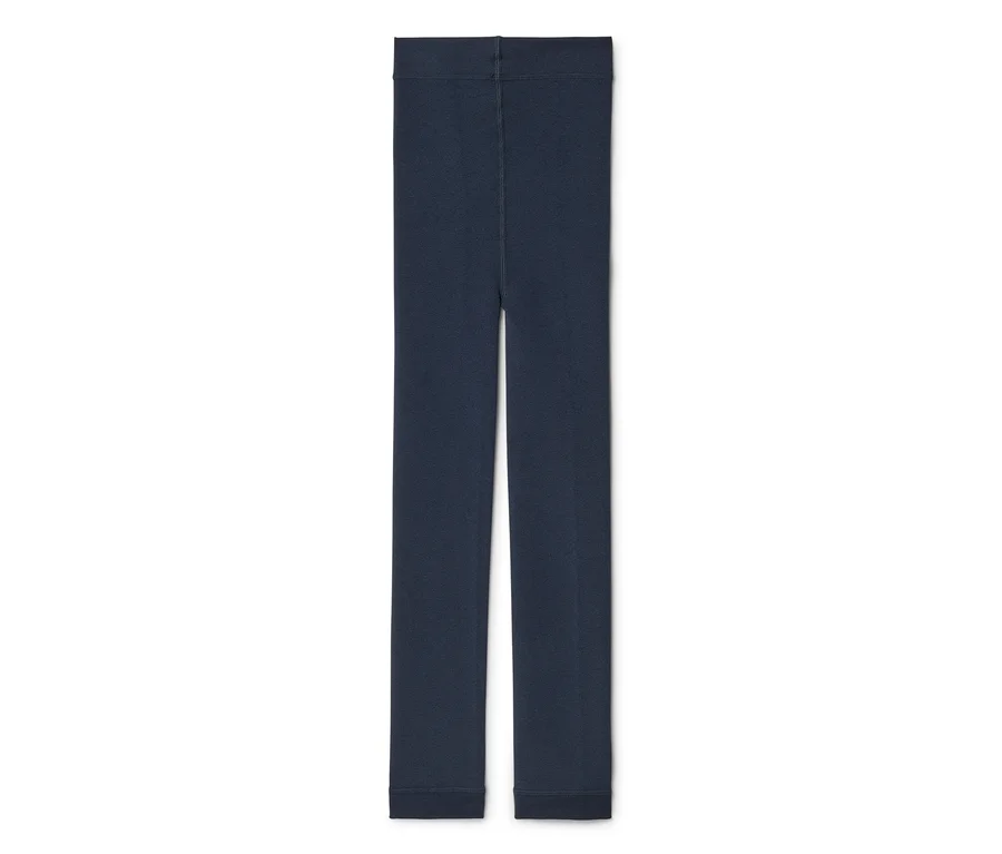 Dunkelblaue Leggings, flach liegend auf weißem Hintergrund.