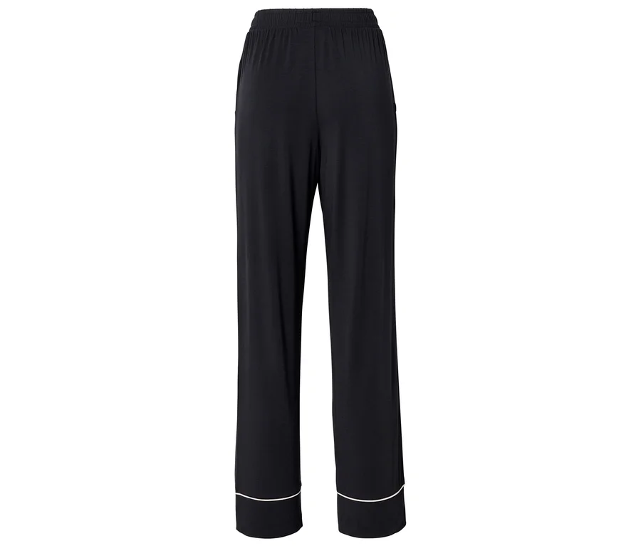 Schwarze, locker sitzende Hose mit weißem Saum am Beinabschluss.