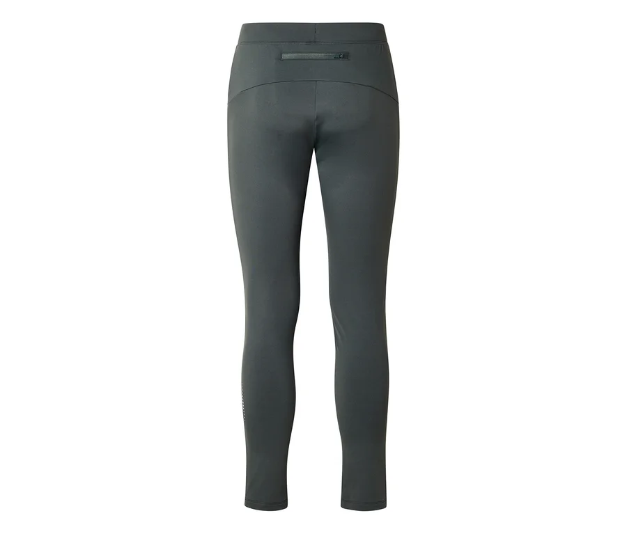 Dunkelgraue Leggings von hinten mit Reißverschlusstasche am Bund und gepunktetem Muster am linken Bein.