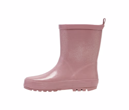 Ein einzelner rosa hummel® Gummistiefel mit Glitzer-Finish, von der Seite gezeigt, mit Profilsohle und Zugschlaufe.