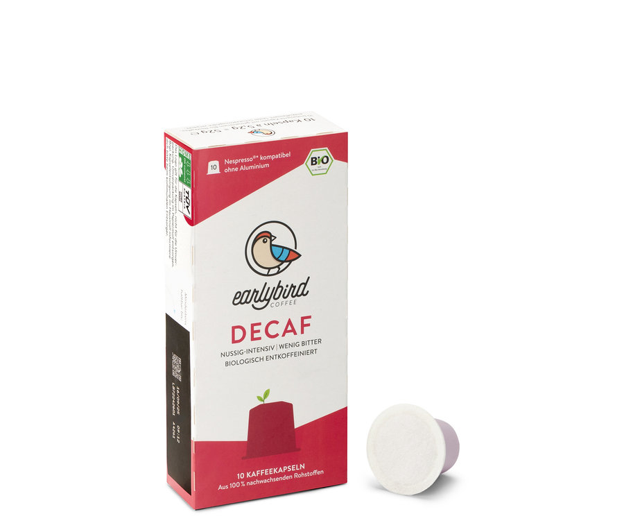 Eine Packung earlybird Bio Decaf, entkoffeiniert - 10 Kapseln. Nespresso-kompatible Kapseln ohne Aluminium.