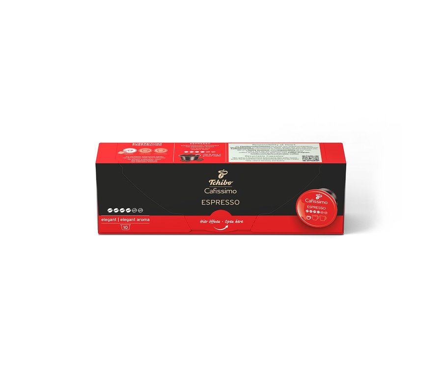 Schwarze Tchibo Cafissimo Espresso elegant 10 Kapseln Packung mit rotem Deckel und Boden auf weißem Hintergrund.