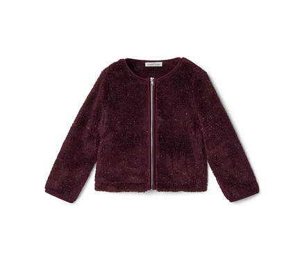 Burgunderfarbene flauschige Kinderjacke mit silbernen Sprenkeln und durchgehendem silbernem Reißverschluss.