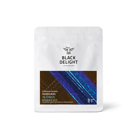 Eine Packung Black Delight - Honduras 18 Conejo Dunkel Bio Espresso.