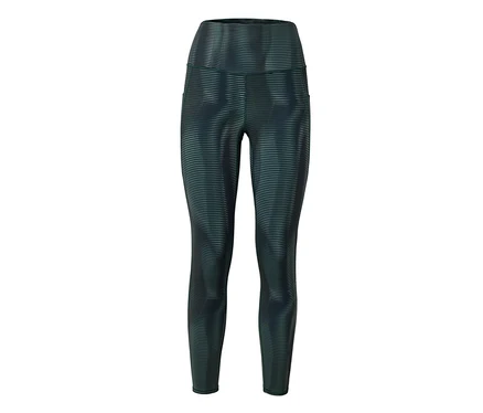 Dunkelgrüne Leggings mit horizontalem Streifenmuster und hoher Taille, vor einem weißen Hintergrund.