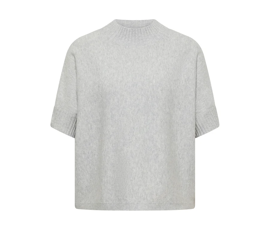 Grauer CECIL Strickpullover mit kurzem Arm und Stehkragen.