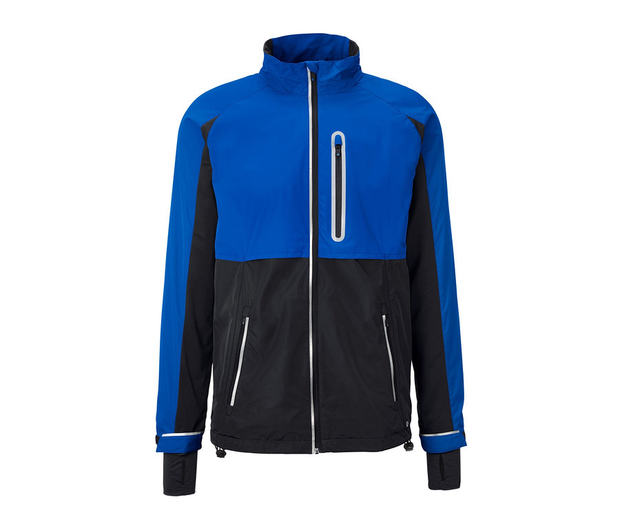 Blau-schwarze Windprotection-Laufjacke.