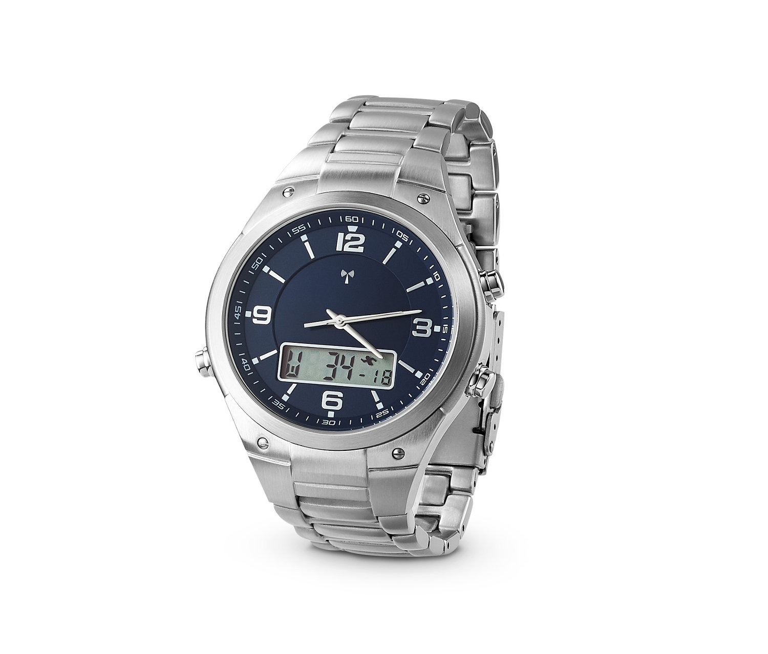 Silberfarbene Herren-Funkarmbanduhr aus Edelstahl mit blauem Zifferblatt.
