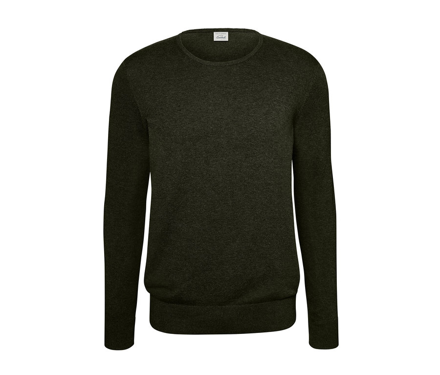 Dunkelgrüner Pullover mit Rundhalsausschnitt.