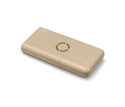 Eine beigefarbene, kabellose Powerbank und ein Ladegerät.