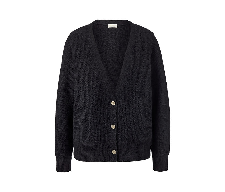 Schwarzer Grobstrick-Cardigan mit Knöpfen.