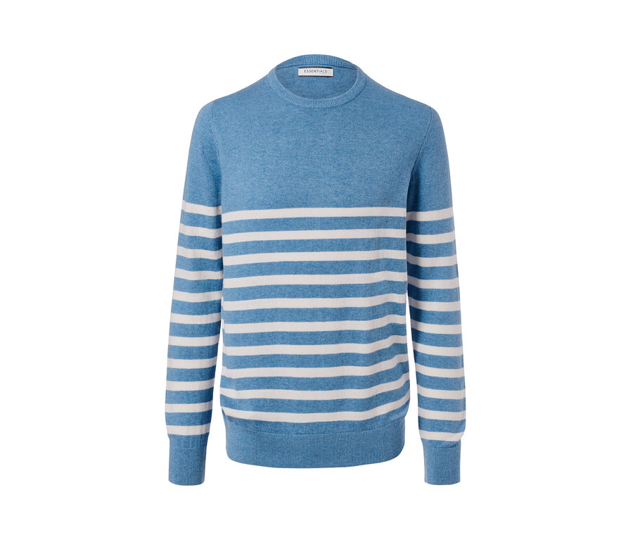 Blauer Pullover mit Rundhalsausschnitt und weißen Streifen.