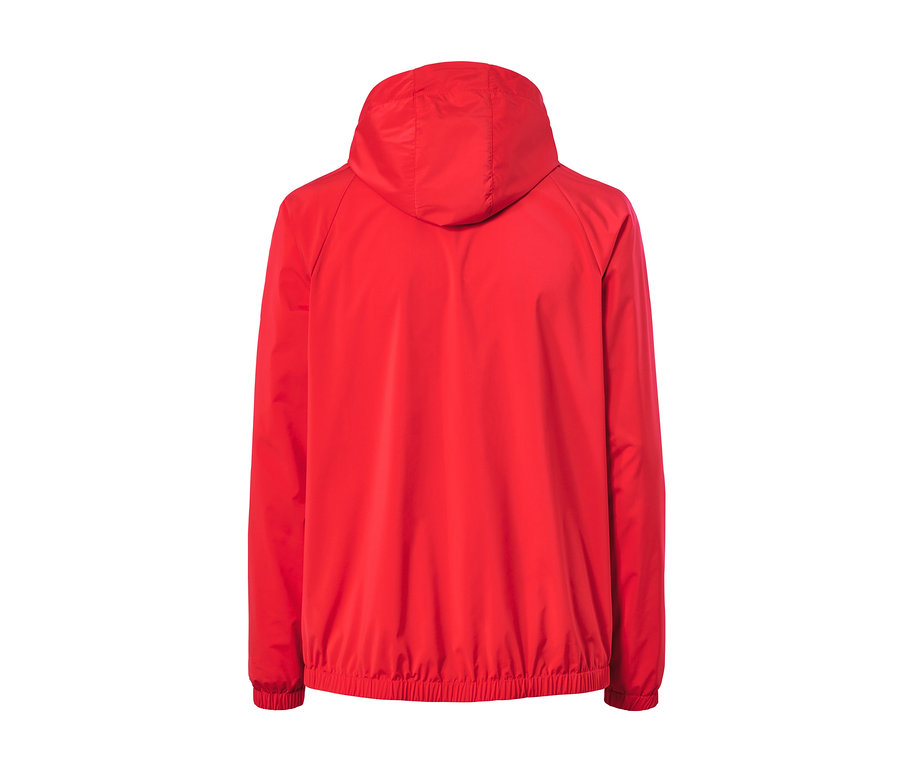 Rückansicht einer roten Windbreaker-Jacke.