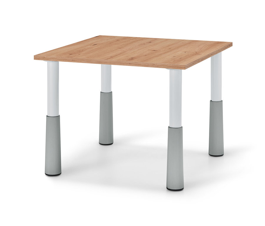 Quadratischer Kindertisch mit Holzmaserung und weißen Beinen mit grauen, höhenverstellbaren Elementen.