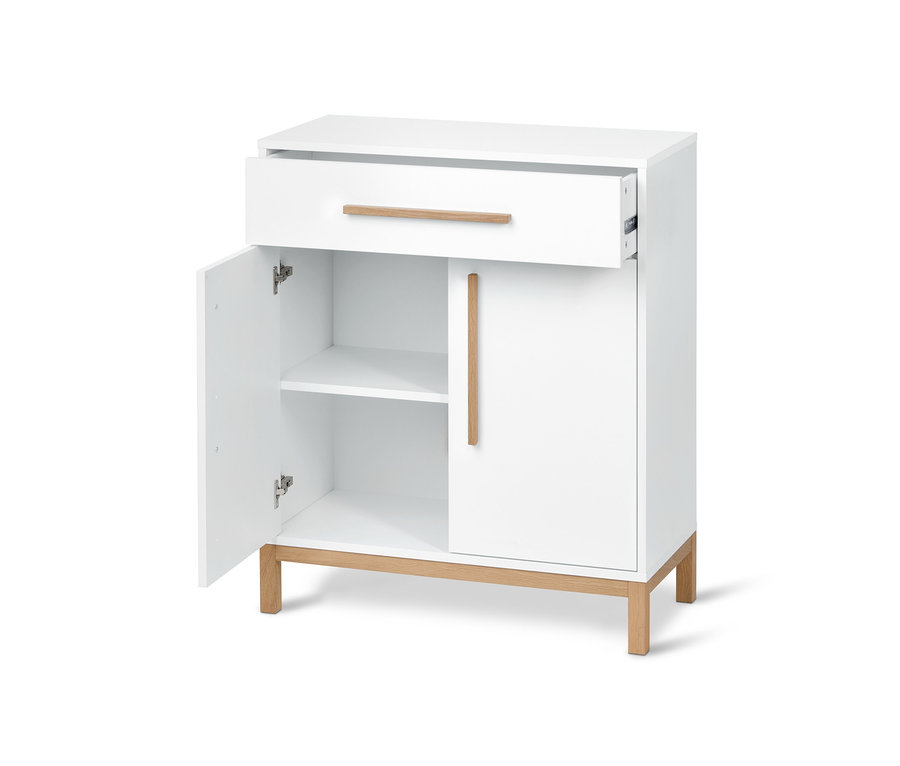 Weißes Bad-Sideboard »Eklund« mit offener Tür und Schublade.