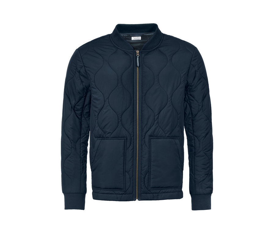 Marineblaue Steppjacke mit langen Ärmeln und Reißverschluss in der Mitte.