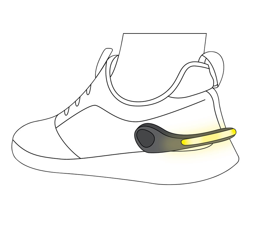Skizze eines Schuhs mit einem 2 LED-Schuhclips.