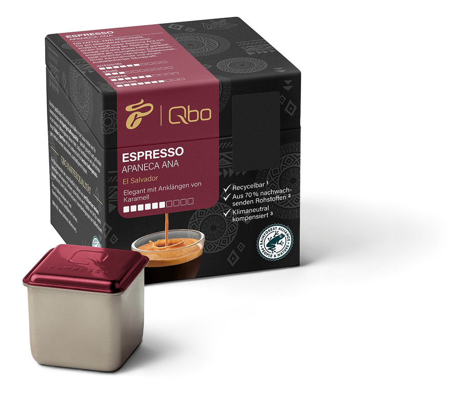Eine Packung Qbo Espresso APANECA ANA mit einer einzelnen Kapsel daneben.