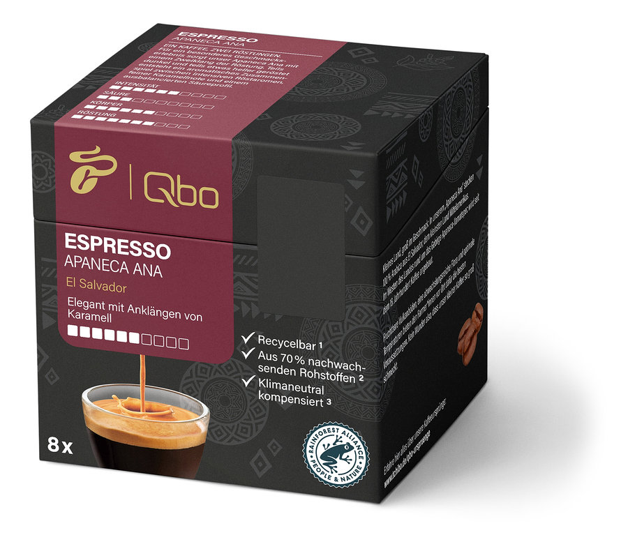 Eine Packung Qbo Espresso APANECA ANA - 8 Kapseln. Auf der Packung ist ein Bild einer Tasse Espresso.