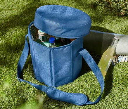 Eine blaue 2-in-1-Kühltasche steht auf dem Rasen, teilweise geöffnet, mit Flaschen im Inneren.