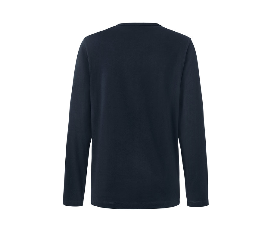 Dunkelblaues 2 Pyjama-Shirts mit langen Ärmeln und Rundhalsausschnitt, von hinten auf weißem Hintergrund.