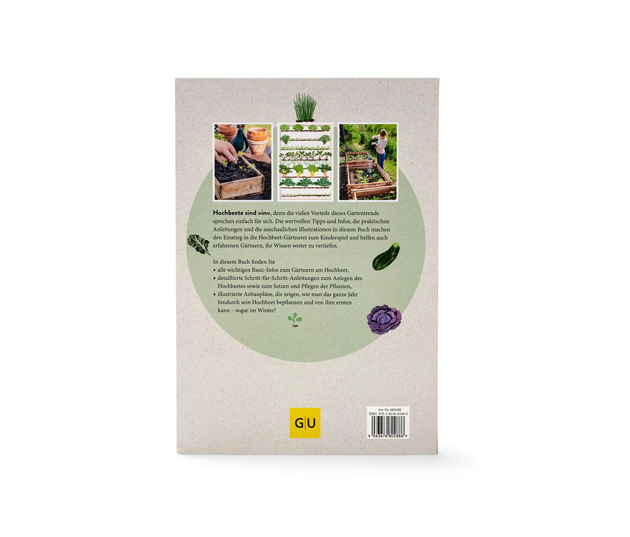 Rückseite des Buches »Hochbeet – das ganze Jahr« mit Abbildungen und Text zum Gärtnern im Hochbeet.