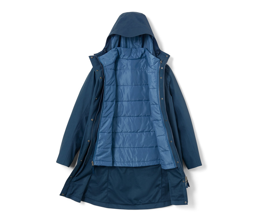 Geöffneter, marineblauer 3-in-1-Funktionsmantel mit Weste.