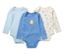 Drei blaue Baby-Bodys mit Mitwachsfunktion.