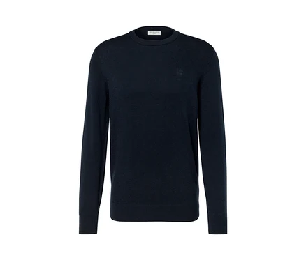 Dunkelblauer Pullover mit Rundhalsausschnitt.