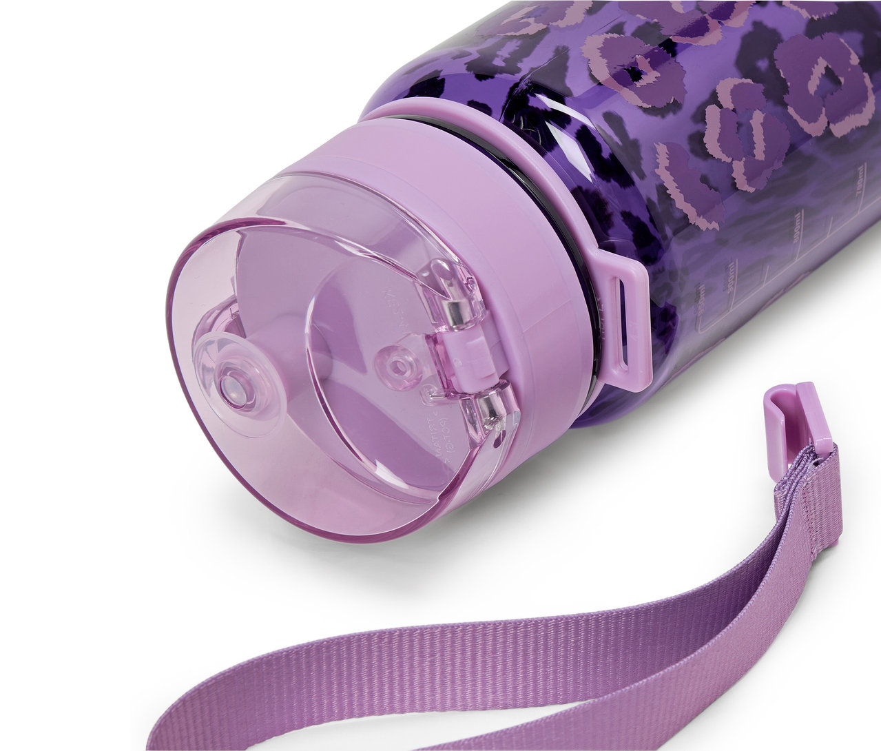 Detail einer lila Wasserflasche mit Tiermuster.