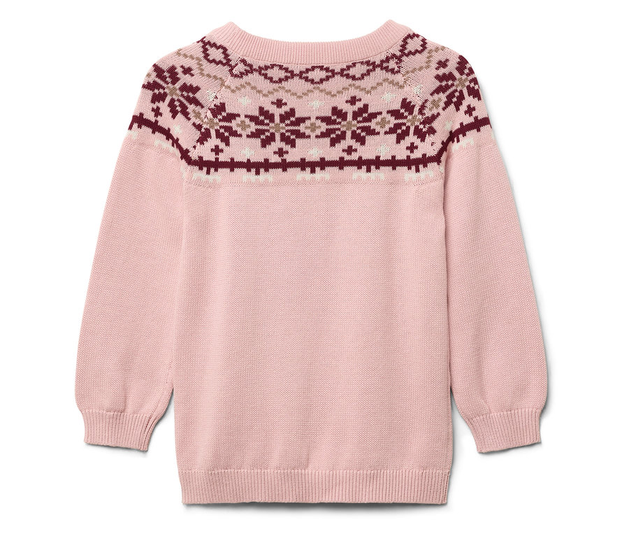 Rosa Pullover mit Weihnachtsmuster im oberen Bereich.