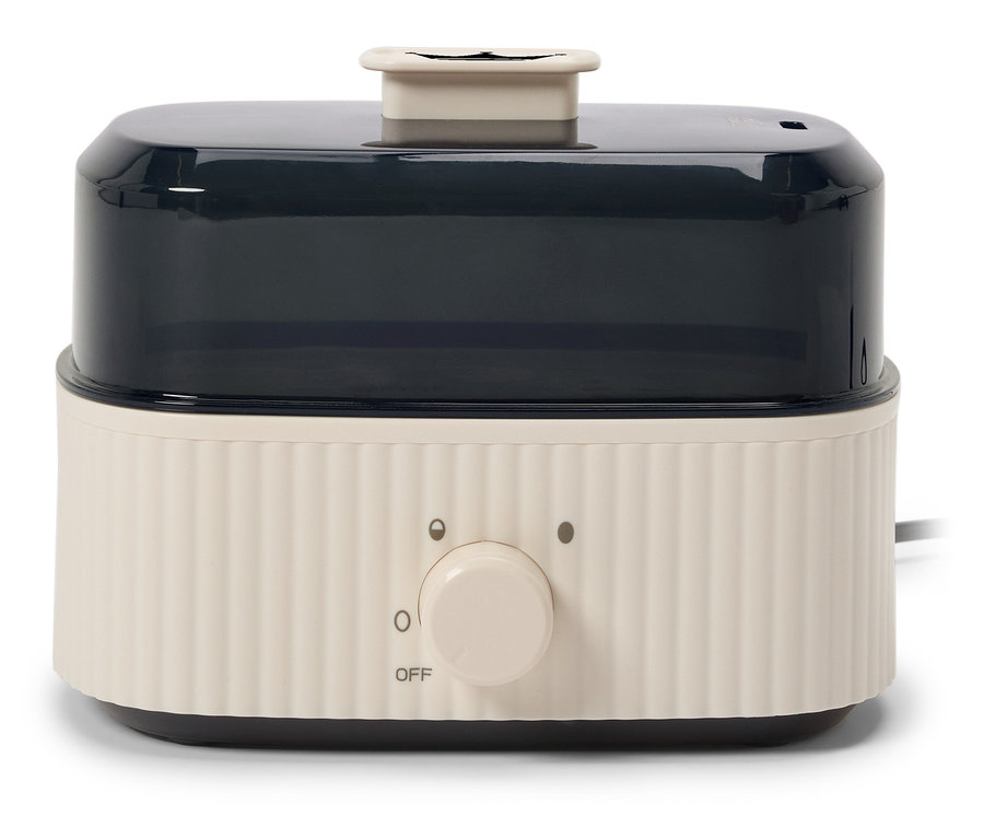 Weißer Dampfgarer mit schwarzem, transparentem Behälter und Drehknopf.