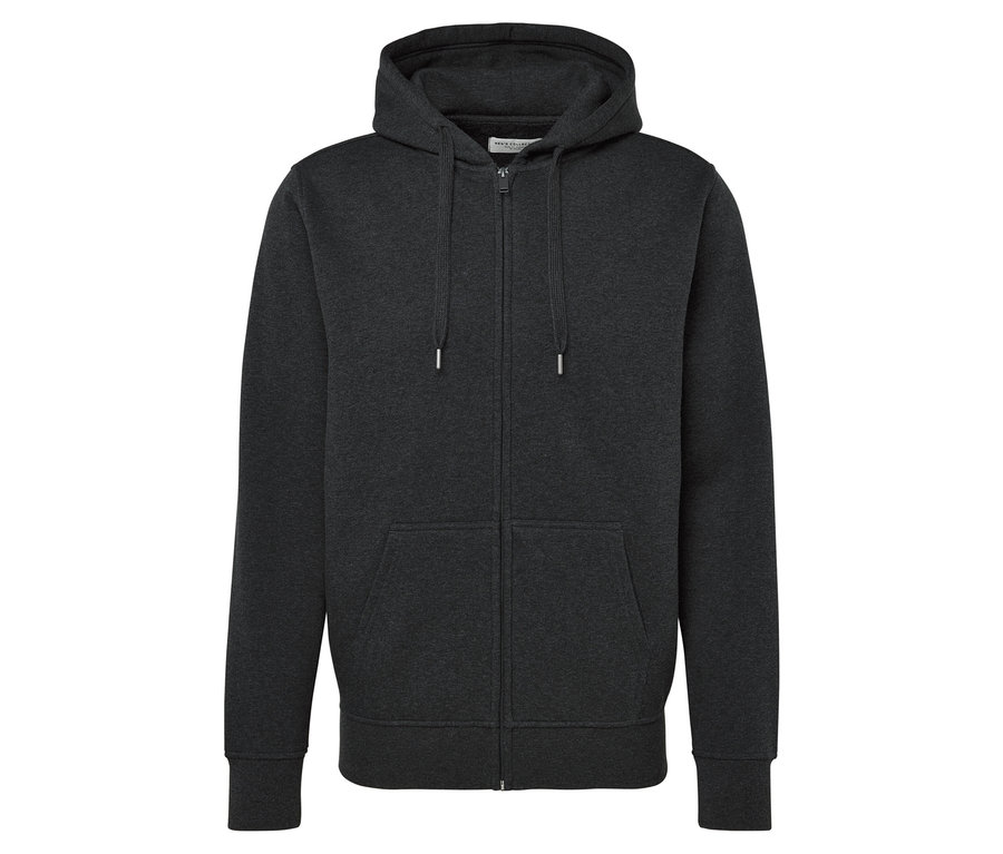 Grauer Kapuzenpullover mit Reißverschluss und Kängurutaschen.