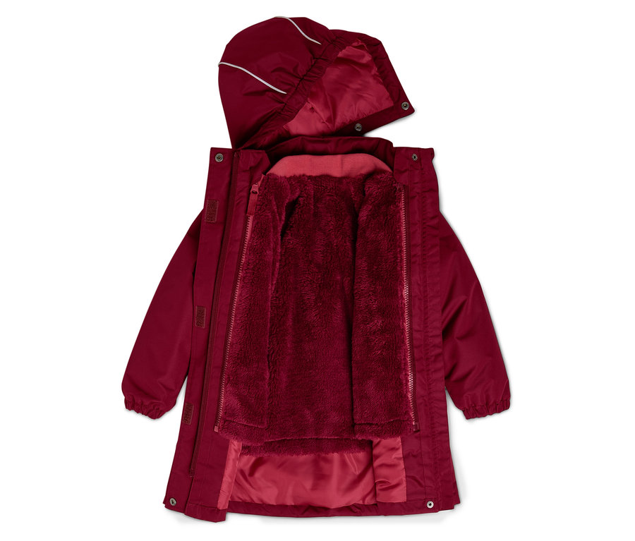 Geöffnete, bordeauxfarbene Jacke mit Kapuze und Plüschfutter.