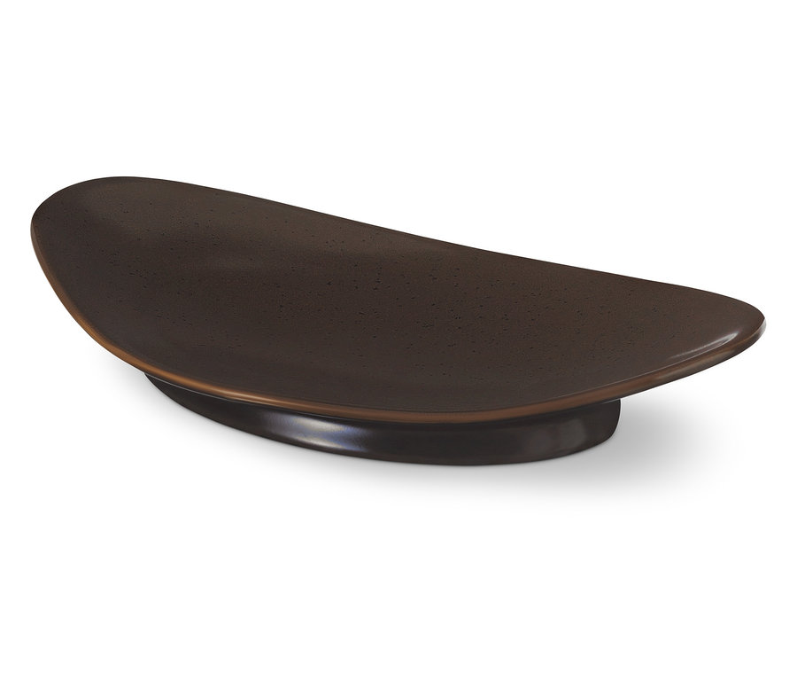 Eine braune Seifenschale auf einem weißen Hintergrund.