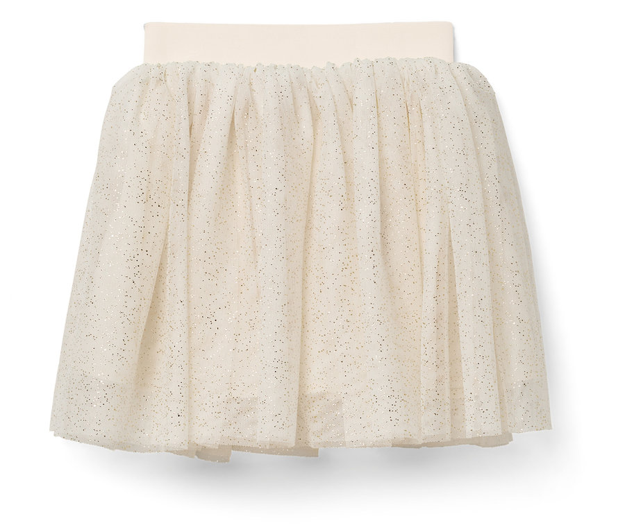 Ein weißer Tüllrock mit elastischem Bund und glitzernden Details.
