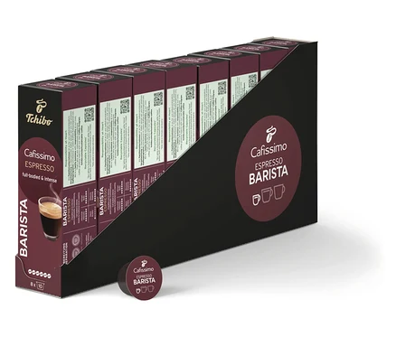 Eine Reihe von Cafissimo BARISTA Espresso Packungen mit je 80 Kapseln.