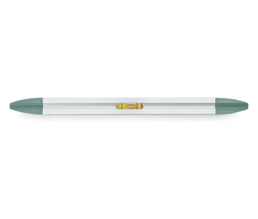 Eine silberfarbene Magnet-Wasserwaage mit olivgrünen Enden.