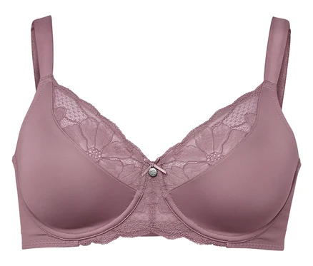 Ein lila BH mit Spitze und Schleife.