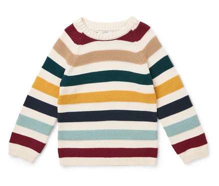 Gestreifter Strickpullover mit bunten horizontalen Streifen.