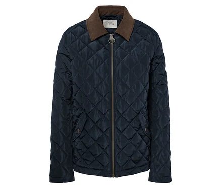 Dunkelblaue Steppjacke mit braunem Cordkragen und goldenem Reißverschluss.