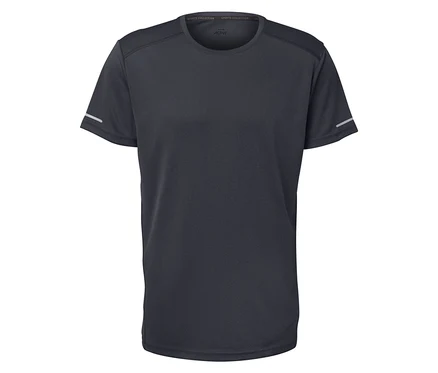 Schwarzes Sport-T-Shirt mit kurzen Ärmeln und reflektierenden Streifen an den Ärmeln.