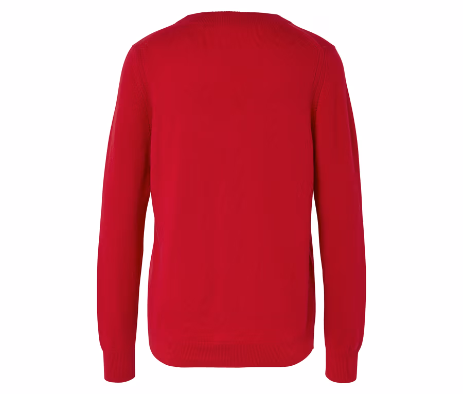 Roter Pullover mit langen Ärmeln.
