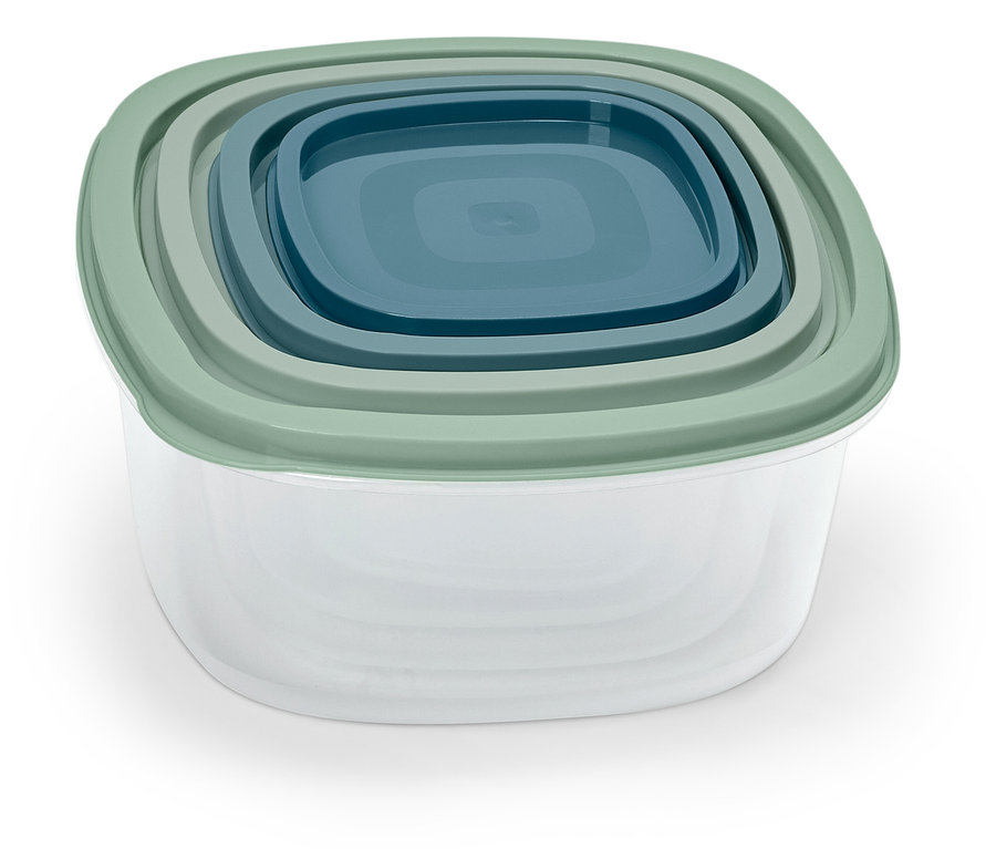 Ein Set aus drei quadratischen Frischhaltedosen aus Kunststoff mit unterschiedlich großen Deckeln, die ineinander gestapelt sind.